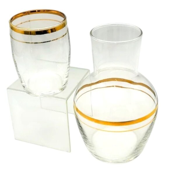 MCM Vintage Tumble-Up Bedside Water Carafe & Glass Gold Trim - Picture 1 of 8